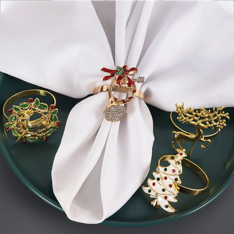 Weihnachten Serviettenringe Zinklegierung Gold Emaille Strass Rentier Baum Kranz Festliche Feiertag Tischdeko