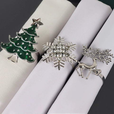 Servilleteros Reno Copo De Nieve Árbol De Navidad Aleación Zinc Estrás Esmalte Plateado Pulido Decoración Mesa Fiesta