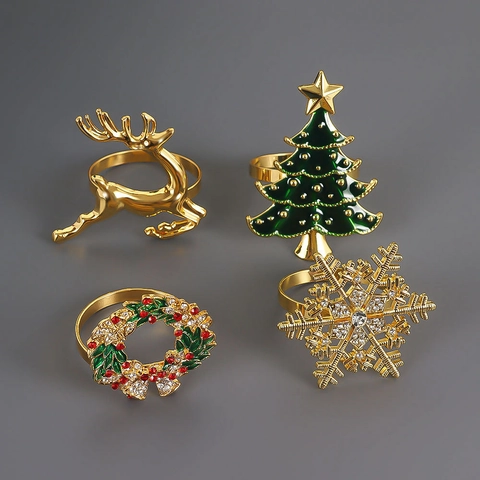 Servilleteros De Navidad Oro Aleación Zinc Reno Árbol Corona Copo De Nieve Estrás Esmalte Decoración Mesa