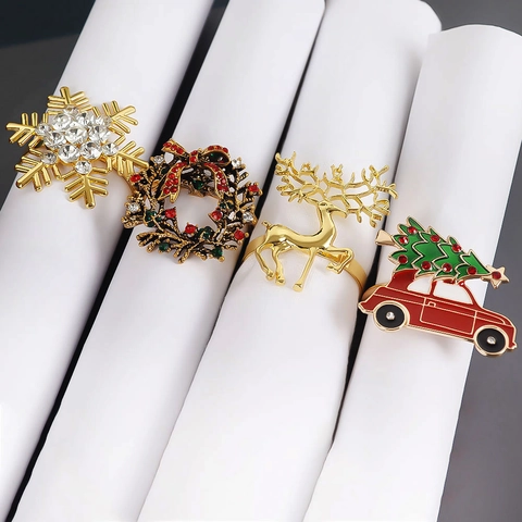 Anillos De Servilleta De Navidad Aleación Reno Corona Copo De Nieve Coche Pedrería Decoración Mesa Fiesta