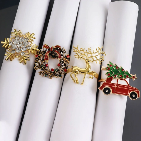 Anillos De Servilleta De Navidad Aleación Reno Corona Copo De Nieve Coche Pedrería Decoración Mesa Fiesta