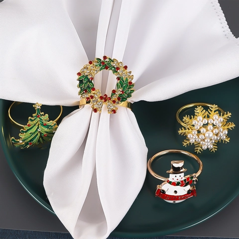 Christmas Napkin Rings Alloy Enamel Rhinestone Snowman Wreath Christmas Tree Snowflake For Festive Table Decor