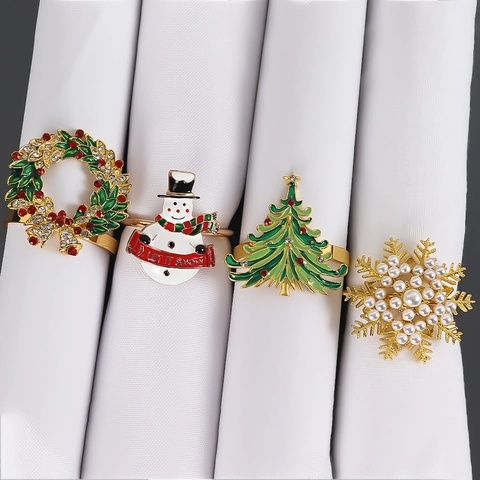Christmas Napkin Rings Alloy Enamel Rhinestone Snowman Wreath Christmas Tree Snowflake For Festive Table Decor