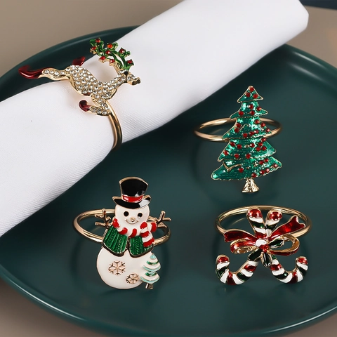 Christmas Napkin Rings Snowman Candy Cane Reindeer Christmas Tree Alloy Enamel Rhinestone Festive Holiday Party Table Decor