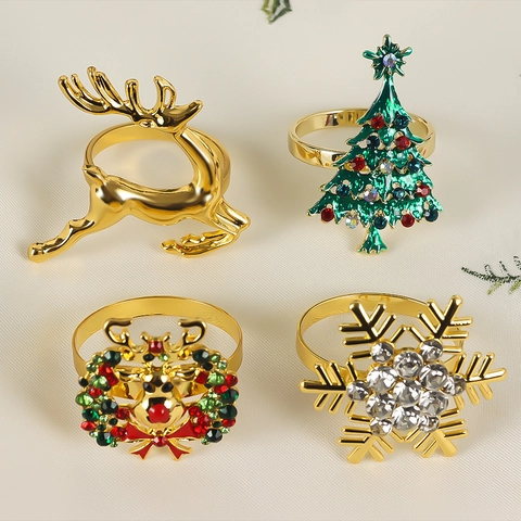 Servilleteros De Navidad Aleación De Zinc Diamantes De Imitación Esmalte Reno Copo De Nieve Árbol De Navidad Corona Decoración