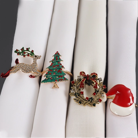 Christmas Napkin Rings Zinc Alloy Enamel Rhinestone Reindeer Tree Wreath Hat Holiday Dining Table Decoration