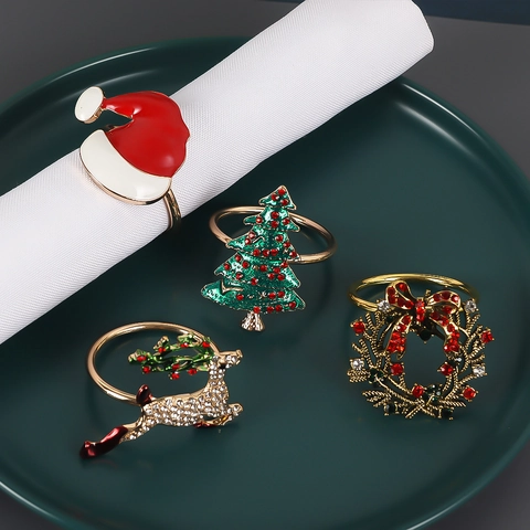Christmas Napkin Rings Zinc Alloy Enamel Rhinestone Reindeer Tree Wreath Hat Holiday Dining Table Decoration