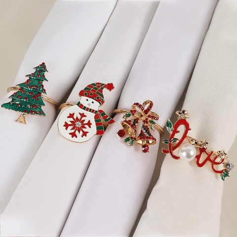Servilleteros de Navidad de Aleación Esmaltada Con Strass Perla de Imitación Árbol de Navidad Muñeco de Nieve LOVE Y Campanas