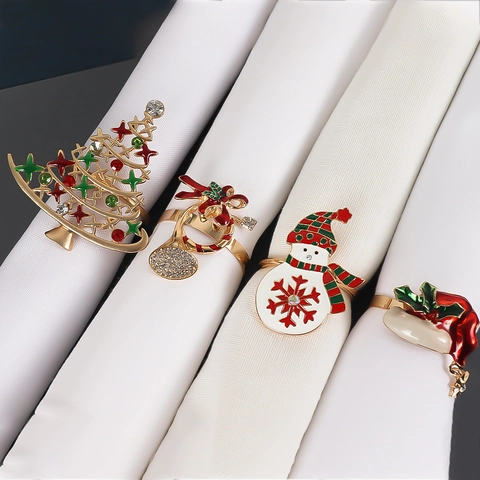 Weihnachts Serviettenringe Zinklegierung Emaille Strass Baum Schneemann Glocke Hut Tischdeko Für Feiertage