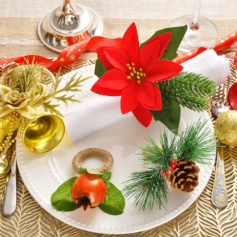 Hand-Woven Christmas Napkin Rings Poinsettia Pomegranate Pine Cone Fabric Plastic Foam Hemp Rope Holiday Table Decoration