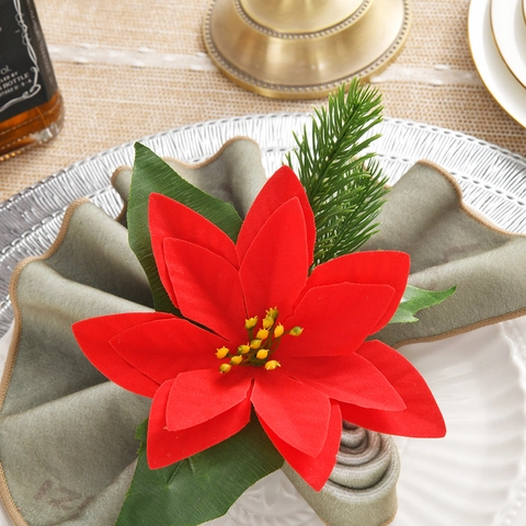 Hand-Woven Christmas Napkin Rings Poinsettia Pomegranate Pine Cone Fabric Plastic Foam Hemp Rope Holiday Table Decoration