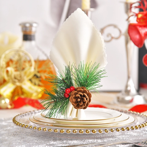 Christmas Napkin Rings With Natural Pine Cones Red Berries And Pine Needles Handmade Woven Twine For Holiday Table Decor