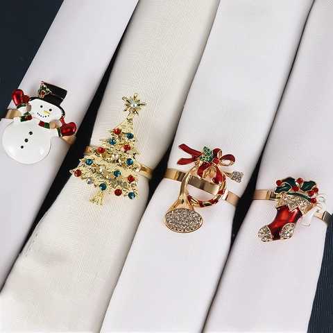 Christmas Napkin Rings Alloy Enamel Rhinestone Xmas Tree Snowman Boot Trumpet Shape Holiday Banquet Table Decor