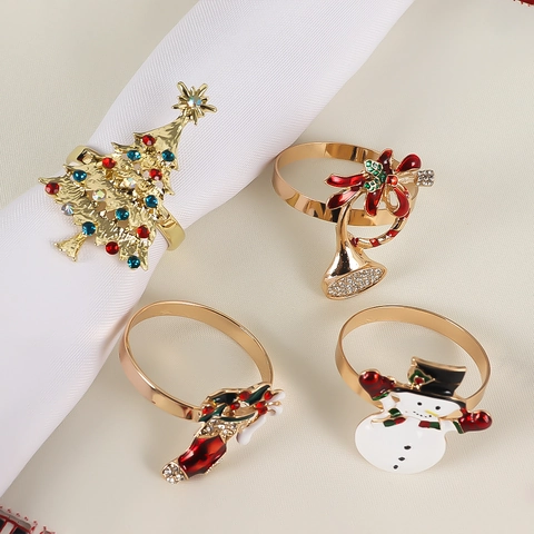 Christmas Napkin Rings Alloy Enamel Rhinestone Xmas Tree Snowman Boot Trumpet Shape Holiday Banquet Table Decor