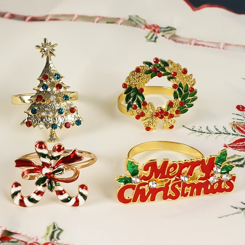 Christmas Napkin Rings Alloy Enamel Rhinestone Holiday Dinner Table Decor Tree Wreath Candy Cane Festive Design