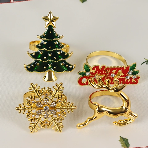 Christmas Napkin Rings Zinc Alloy Reindeer Snowflake Christmas Tree Merry Christmas Rhinestone Enamel Dining Table Decor