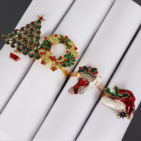 Luxury Christmas Napkin Rings Alloy Rhinestone Christmas Tree Wreath Sock Hat Enamel Festive Table Decor Napkin Buckle Gift
