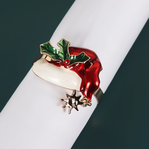 Luxury Christmas Napkin Rings Alloy Rhinestone Christmas Tree Wreath Sock Hat Enamel Festive Table Decor Napkin Buckle Gift
