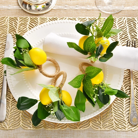 Farmhouse Hand-Woven Simulation Lemon Napkin Ring Artificial Fruit Green Leaf Decorative Napkin Holder For Wedding Party