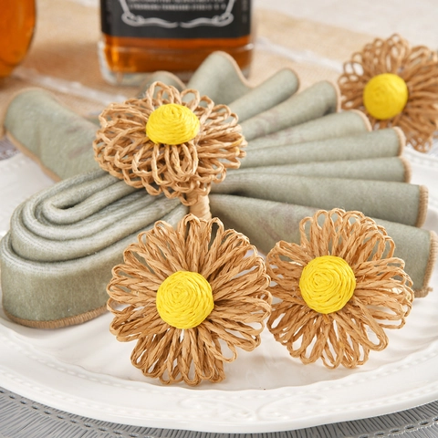 Napkin Rings Handmade Raffia Straw Metal Flower Shape Sunflower Daisy Bohemian Rustic Table Decor Wedding Party