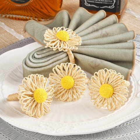 Napkin Rings Handmade Raffia Straw Metal Flower Shape Sunflower Daisy Bohemian Rustic Table Decor Wedding Party