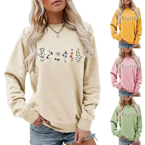 Damen Sweatshirt Rundhals Langarm Blumendruck Casual Lockerer Pullover Top Wildblumen Grafik