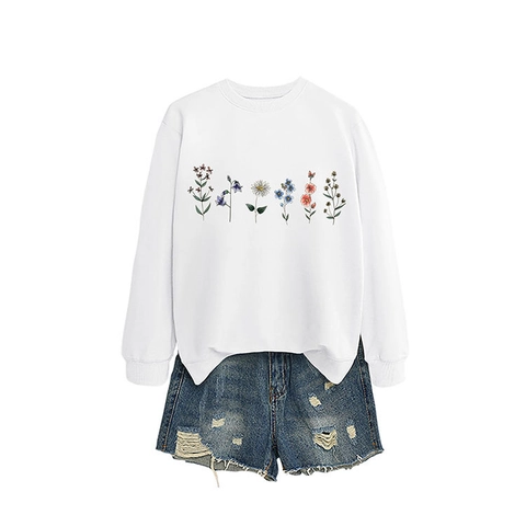 Damen Sweatshirt Rundhals Langarm Blumendruck Casual Lockerer Pullover Top Wildblumen Grafik