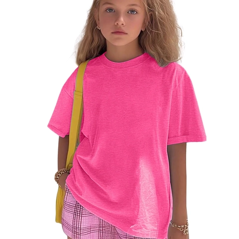 Childrens T-Shirt Cotton Blend Solid Color Round Neck Short Sleeve Loose Fit Dropped Shoulder Top Boys Girls Kids
