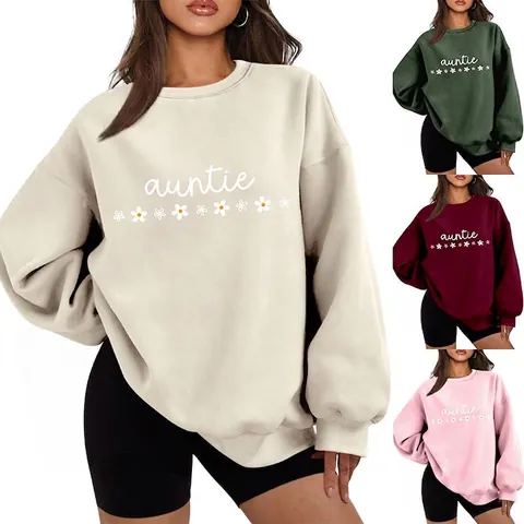 Damen Sweatshirt Auntie Buchstabe Gänseblümchen Druck Rundhals Langarm Fleece Gefüttert Locker Lässig Pullover