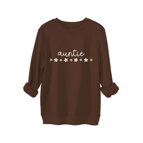 Damen Sweatshirt Auntie Buchstabe Gänseblümchen Druck Rundhals Langarm Fleece Gefüttert Locker Lässig Pullover