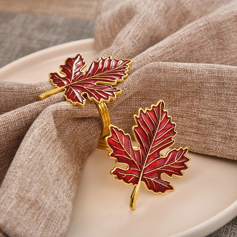 Red Maple Leaf Napkin Rings Zinc Alloy Enamel Gold Plated Autumn Thanksgiving Harvest Table Decoration Elegant Hotel