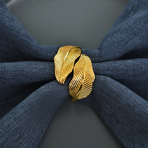 Legering Dubbel Blad Servetring Goud Zilver Veer Ontwerp Tafeldecoratie Voor Bruiloft Banket Feest Diner Decoratieve Servetgesp Houder