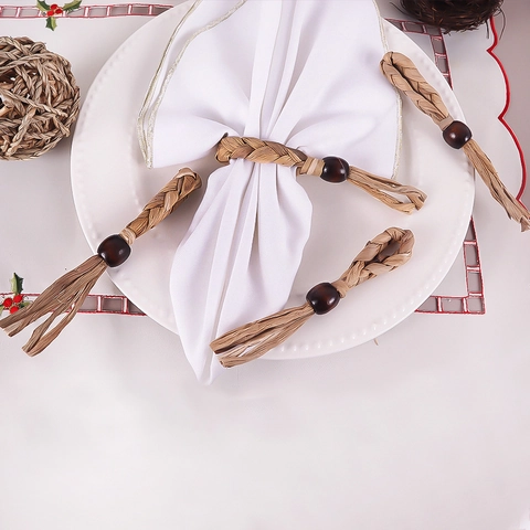 Portatovaglioli Intrecciati A Mano Erba Perla Di Legno Decorazione Tavola Rustico Bohemien Matrimonio Festa