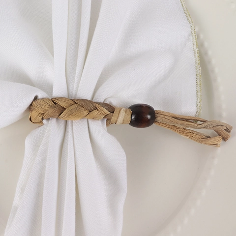 Portatovaglioli Intrecciati A Mano Erba Perla Di Legno Decorazione Tavola Rustico Bohemien Matrimonio Festa