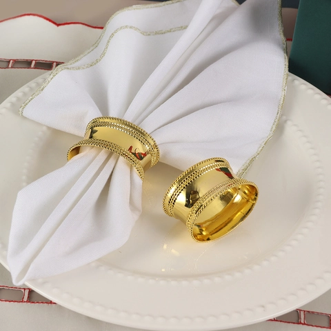 Gold Zinc Alloy Napkin Rings Drum Shape Beaded Edge Mirror Polish Elegant Table Decor For Wedding Party Hotel