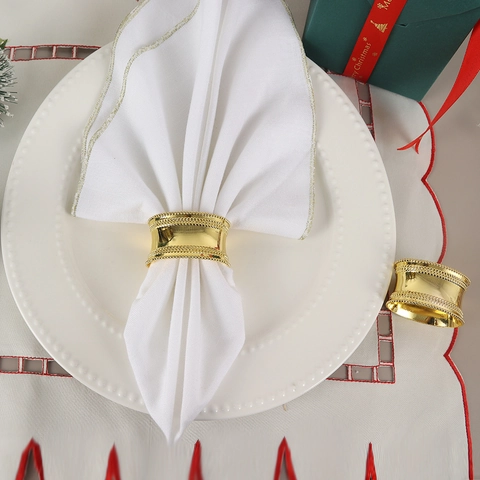 Gold Zinc Alloy Napkin Rings Drum Shape Beaded Edge Mirror Polish Elegant Table Decor For Wedding Party Hotel