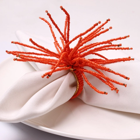 Handmade Seed Bead Napkin Rings Gold Plated Metal Starburst Coral Shape For Wedding Banquet Table Decoration Orange Bohemian