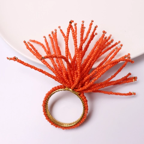 Handmade Seed Bead Napkin Rings Gold Plated Metal Starburst Coral Shape For Wedding Banquet Table Decoration Orange Bohemian