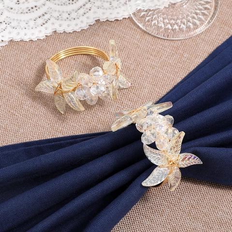 Elegant Gold Woven Metal Napkin Ring With Crystal Flower And Iridescent Leaf For Wedding Banquet Table Decoration Home