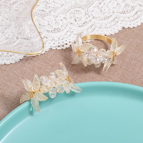 Elegant Gold Woven Metal Napkin Ring With Crystal Flower And Iridescent Leaf For Wedding Banquet Table Decoration Home