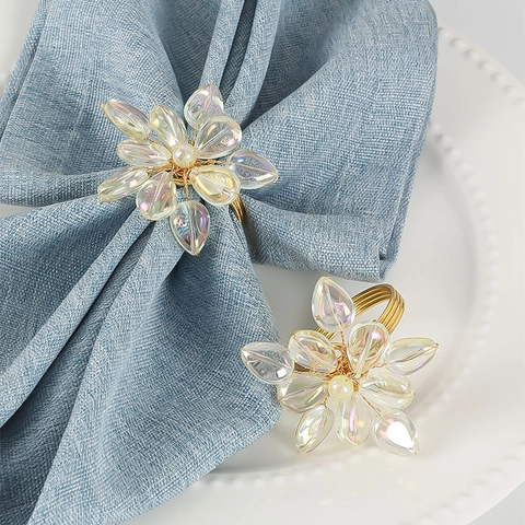 Iridescent Crystal Flower Napkin Ring Gold Woven Zinc Alloy Napkin Buckle With Artificial Pearl For Wedding Banquet Table Decor