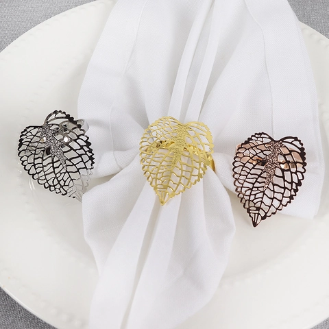 Hollow Leaf Napkin Rings Zinc Alloy Metal Electroplated Table Decoration For Wedding Banquet Dining