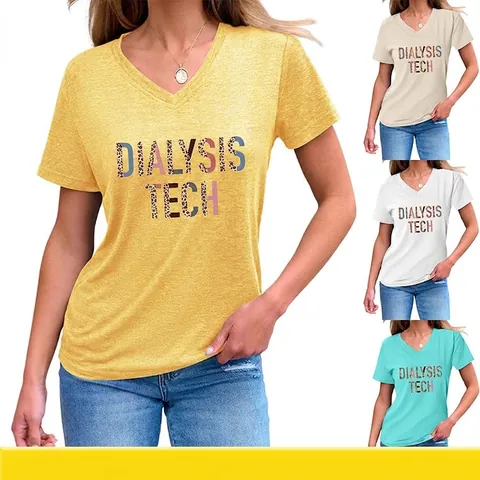 T-Shirt Da Donna Con Scollo A V Misto Cotone A Maniche Corte Dialysis Tech Stampa Leopardata Lettera Top Casual