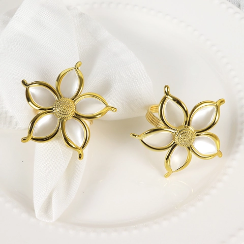 Elegant Flower Napkin Ring Gold Plated Zinc Alloy Faux Artificial Pearl Floral Holder For Valentine Wedding Banquet Table Decor