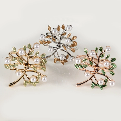 Tree Napkin Ring Metal Alloy Faux Artificial Pearl Enamel Leaf Table Decoration For Hotel Wedding Restaurant Party