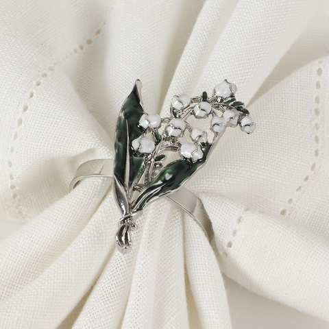 Portatovaglioli in Lega d'Argento Mughetto Smalto Fiore Bianco Foglia Verde Fibbia per Tovaglioli per Hotel Matrimonio