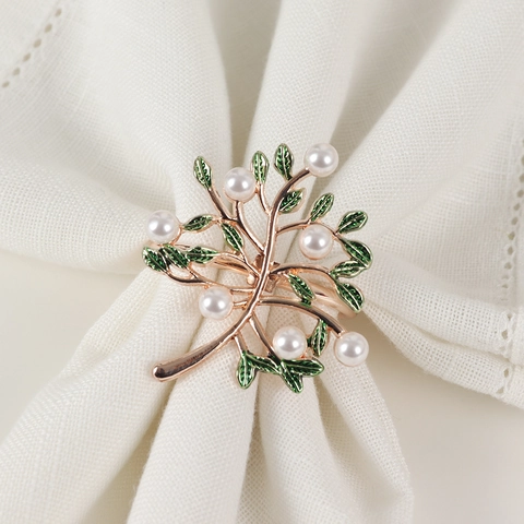 Tree Napkin Ring Metal Alloy Faux Artificial Pearl Enamel Leaf Table Decoration For Hotel Wedding Restaurant Party