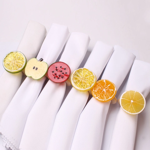 Portatovaglioli di Frutta di Simulazione Estate Limone Arancia Ciliegia Anguria Mela Resina Legno Decorazione per Banchetto Matrimonio