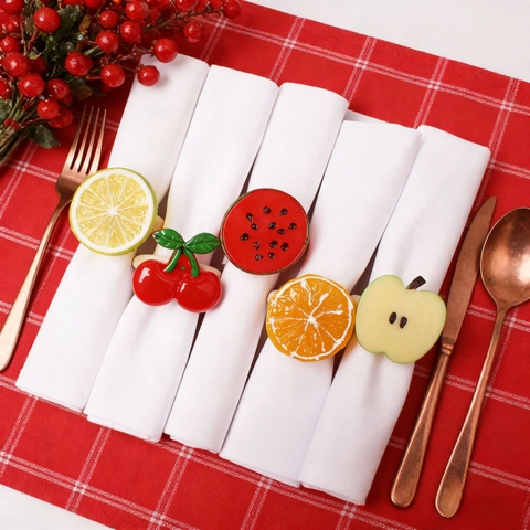 Portatovaglioli di Frutta di Simulazione Estate Limone Arancia Ciliegia Anguria Mela Resina Legno Decorazione per Banchetto Matrimonio
