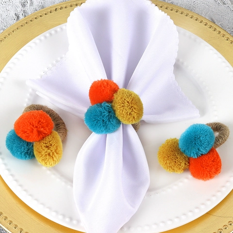 Handmade Napkin Rings With Colorful Plush Pom Poms And Jute Rope For Christmas Party Table Decoration Bohemian Style